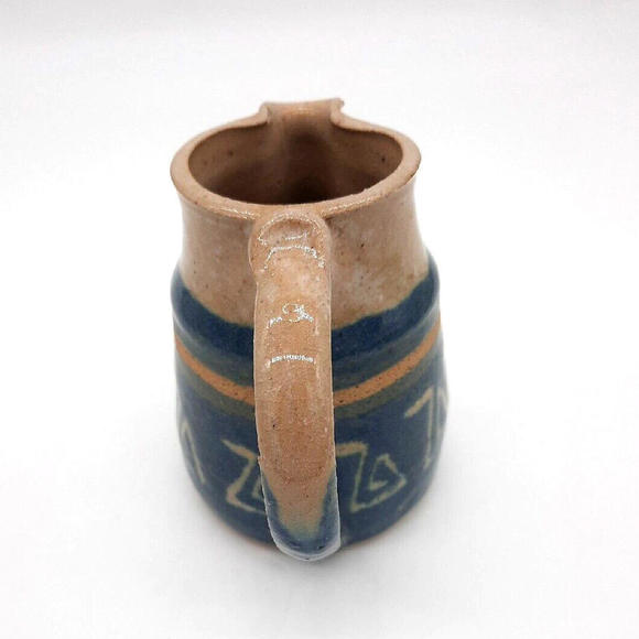 Vintage Studio Handcrafted Pottery Blue & Beige Stoneware Cream Pitcher Signed - Picture 2 of 9